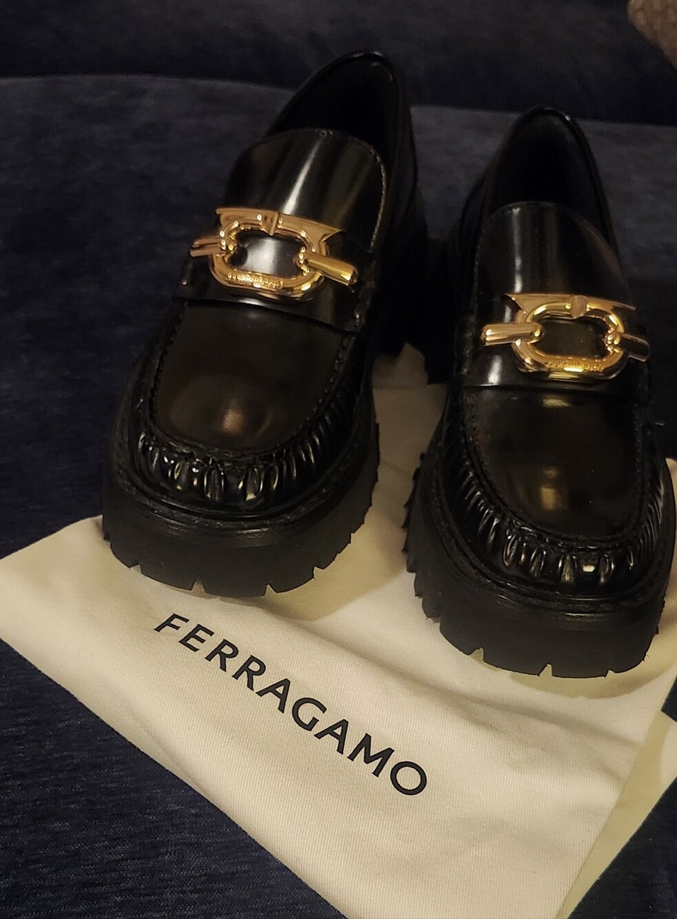 Salvatore Ferragamo Black Leather Lug-Sole Loafers with Gold Horsebit